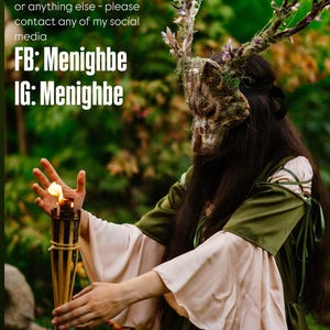 May include: A person wearing a mask with a woodland creature design, adorned with branches and foliage. The person is holding a torch with a flame. The image includes text that says "these masks are for personal use only".