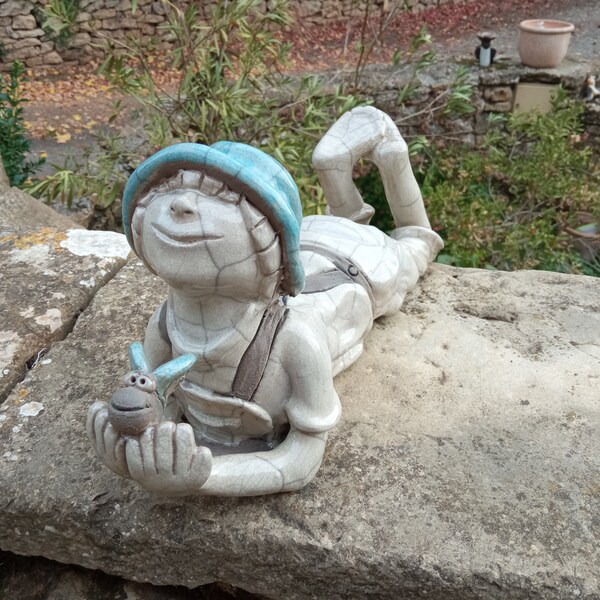 Céramique raku "la rêveuse" figurine fait main sculpture décoration création artisanale cadeau original, poterie, statue, ornement