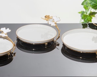 Serving tray dish 29cm / large serving stand / white ceramic round tray / display board / food platter with gold detailing