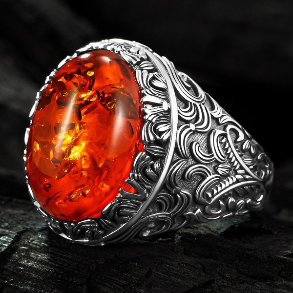 Amber Stone Sterling Silver Men's Ring,Natural Stone Men's Ring,Men's Ring,Gift Ring