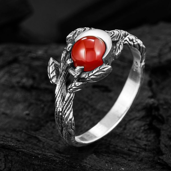 Rose Petal and Red Stone Women's Ring, Red Agate Stone Ring, Women's Silver Ring, Round Stone Women's Ring