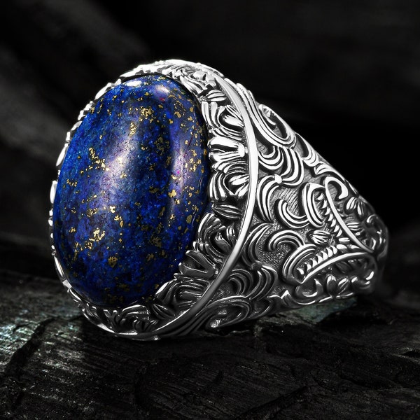 Lapis Lazuli Stone Men Ring,Blue Stone Ring,Signet Lapis Stone Ring,Silver Men Ring