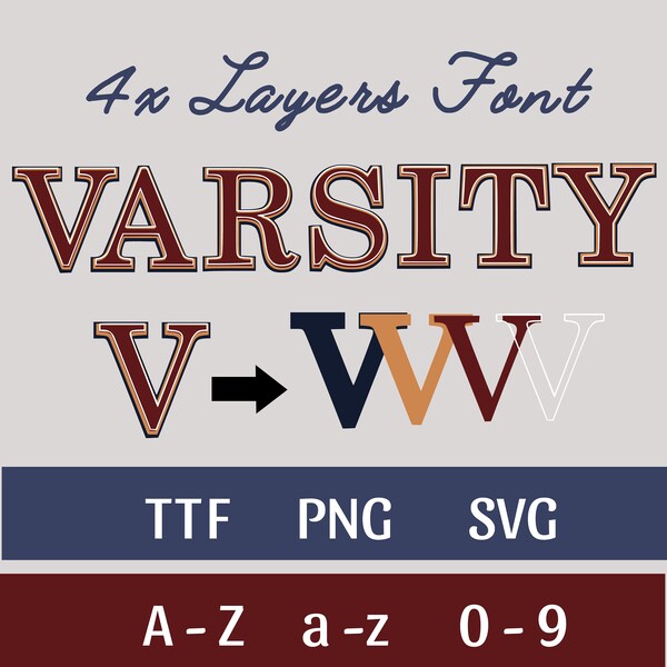 2-3-4 Layers Varsity Outline Font. 4 TTFs 1PNG 1SVG. Hollow Font Bold Font Narrow Font Cricut Font. Varsity Collegiate. Silhouette Detail.