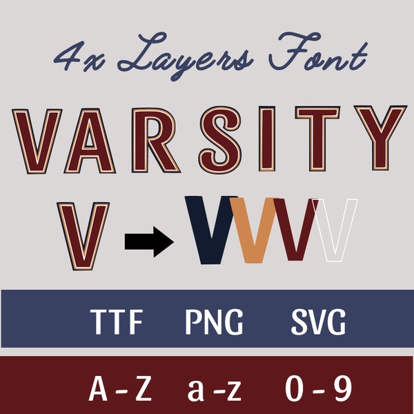 2-3-4 Layers Varsity Outline Font. 4 TTFs 1PNG 1SVG. Hollow Font Bold Font Narrow Font Cricut Font. Varsity Collegiate. Silhouette Detail.