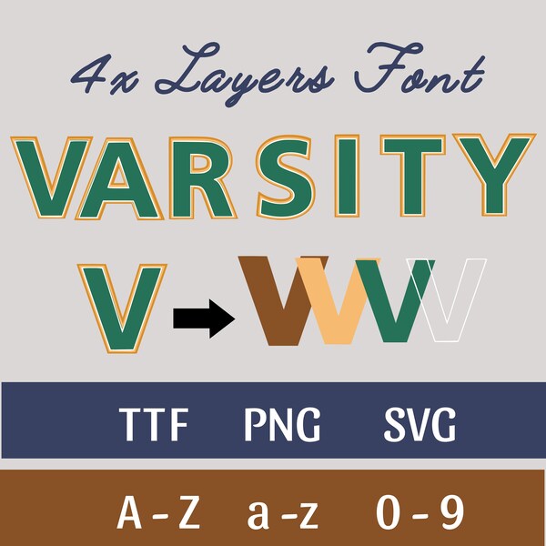 2-3-4 Layers Varsity Outline Font. 4 TTFs 2PNG 2SVG. Hollow Font Bold Font Narrow Font Cricut Font. Varsity Collegiate. Silhouette Detail.