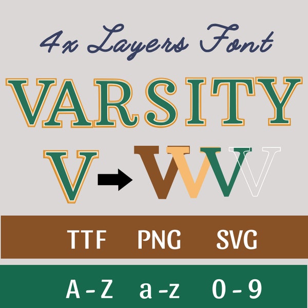 2-3-4 Layers Varsity Outline Font. 4 TTFs 1PNG 1SVG. Hollow Font Bold Font Narrow Font Cricut Font. Varsity Collegiate. Silhouette Detail.