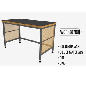 Puede incluir: Un banco de trabajo negro y madera con un marco de metal y una malla de alambre tejido en la parte posterior. El banco de trabajo está etiquetado como "WORKBENCH" con el texto "BUILDING PLANS", "BILL OF MATERIALS", "PDF" y "DWG" enumerados a continuación.
