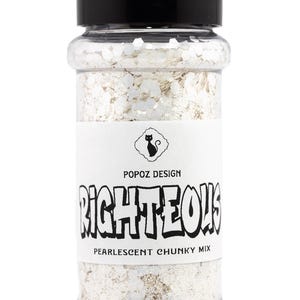 May include: A clear plastic jar with a black lid filled with pearlescent chunky glitter. The label reads "RIGHTEOUS" with "POPOZ DESIGN" and "PEARLESCENT CHUNKY MIX" below. A black cat logo is also on the label.