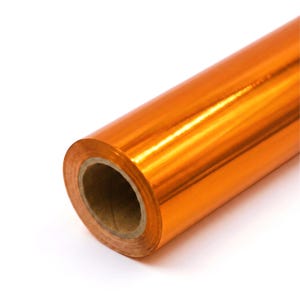 May include: A roll of vibrant orange metallic foil featuring a smooth, reflective surface. The material is wrapped around a cylindrical cardboard core, showing a consistent, bright orange finish across the entire length of the visible foil.