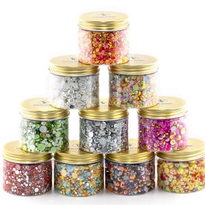 Pearl & Rhinestone Mixes #1 - #64 BULK JARS Colorful Flat Back Pearl and Rhinestone Mixes, Faux Pearls and Rhinestones for Crafting