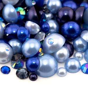 Popoz&#39; Color Mix &quot;Blue&quot; | Pearl & Rhinestone | Embellishment Flatback Mix for Craft, Nail Art, Tumbler Supplies | Mixed Sizes 2 - 12MM