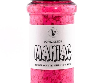Neon Matte Chunky Glitter Mix "Maniac" - 2oz. Shaker Jar - Premium Quality Glitter for Crafting, Nail Art, Tumblers & More!
