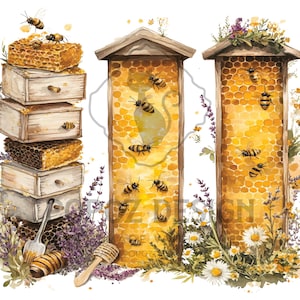 May include: Watercolor illustration of a bee-themed design. The image features stacked wooden boxes with honeycomb, two tall beehives, and bees. The scene is surrounded by lavender, daisies, and other wildflowers. A honey dipper and a small shovel are also included.