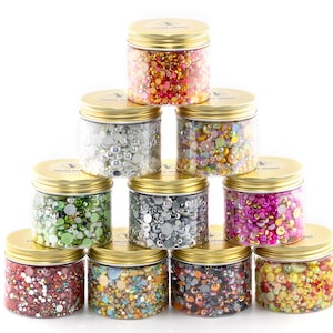 Pearl & Rhinestone Mixes #65 - #128:  BULK JARS Colorful Flat Back Pearl and Rhinestone Mixes, Faux Pearls and Rhinestones for Crafting
