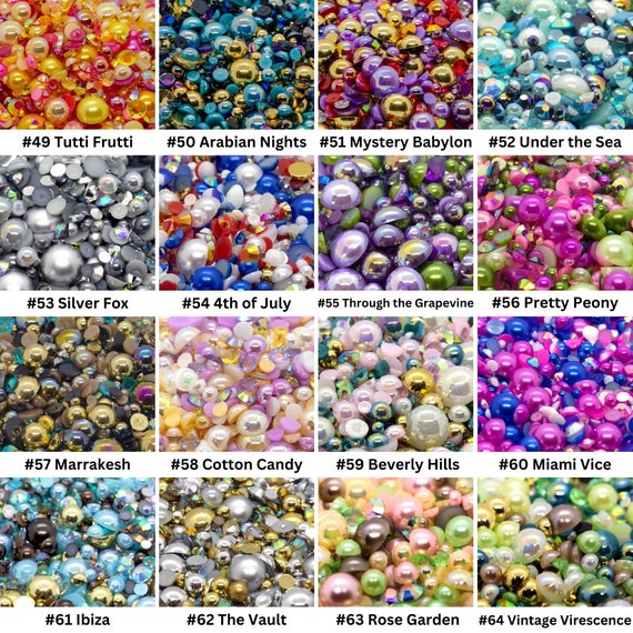5.5oz BULK JARS #1 - #64: Colorful Flat Back Pearl & Rhinestone Mixes Flatback Faux Pearls Rhinestones, Scrapbooking Craft