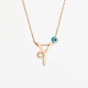 Colar de letras personalizado 14k, colar inicial personalizado, banhado a ouro rosa, joias iniciais, pingente de letras, joias, mau-olhado, para ela