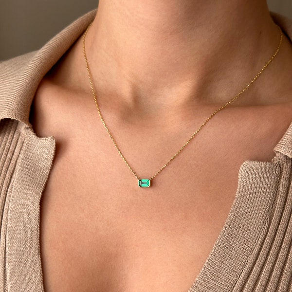 14K Gold Plated Green Stone Silver Necklace, 14k vergoldete Einzelsteinkette, Collier Plaqué Or 14k, 14k镀金项链, Collar Chapado en Oro de 14K