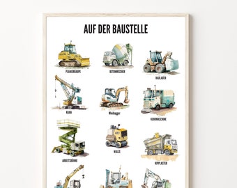Construction site posters, children's room posters, all construction vehicles such as excavators, cranes, dump trucks, etc., in A2 size as a digital download in PDF format.