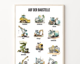 Construction site posters, children's room posters, all construction site vehicles such as excavators, cranes, dump trucks and co, in A2 as a digital download as PDF