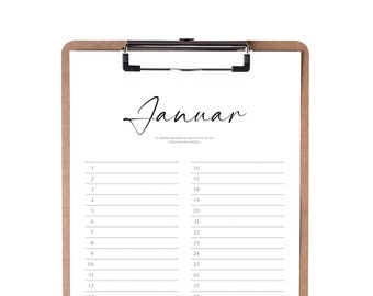 12-month calendar with clipboard in DIN A4 format, a perpetual calendar with individual months, birthdays, and family planner.