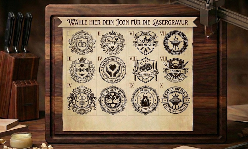 May include: A wooden cutting board with a selection of laser engraving icons. The icons are in a vintage style, with options for weddings, grilling, and personalized names. The text "W&Auml;HLE HIER DEIN ICON F&Uuml;R DIE LASERGRAVUR" is at the top.