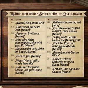 May include: A wooden cutting board with a list of grilling quotes in German, ready for laser engraving. The board is dark brown, with a light-colored paper insert. A set of knives and a small jar are visible.