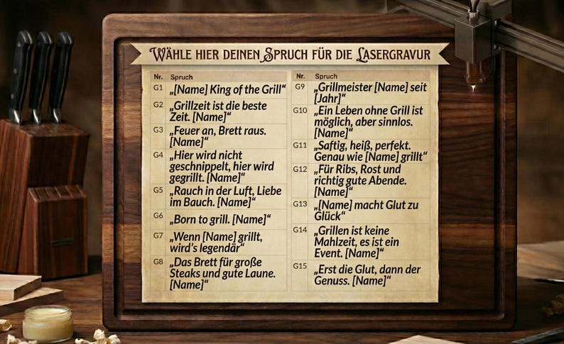 May include: A wooden cutting board with a list of grilling quotes in German, ready for laser engraving. The board is dark brown, with a light-colored paper insert. A set of knives and a small jar are visible.
