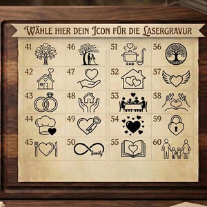 May include: A wooden cutting board with a selection of laser engraving icons. The icons are numbered and include images of a tree, house, rings, chef's hat, heart, infinity symbol, and more. The text "W&Auml;HLE HIER DEIN ICON F&Uuml;R DIE LASERGRAVUR" is at the top.