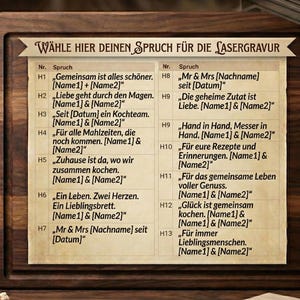 May include: A wooden cutting board with a list of phrases for laser engraving. The phrases are in German. A set of knives in a wooden block is visible on the left. A small jar of cream is in the lower left corner.