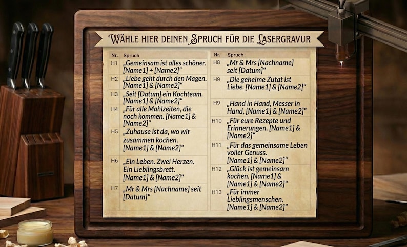 May include: A wooden cutting board with a list of phrases for laser engraving. The phrases are in German. A set of knives in a wooden block is visible on the left. A small jar of cream is in the lower left corner.