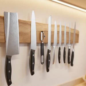 Puede incluir: Un soporte de madera para cuchillos montado en la pared, que muestra una variedad de cuchillos de cocina con mangos negros y hojas de acero inoxidable. Se destaca una cuchilla. Los cuchillos son de varios tamaños y formas.