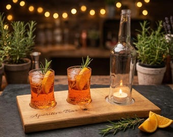 Personalized oak aperitivo bar serving board with natural edge, Aperol Spritz board with glass holders, gift for friends, aperitivo set