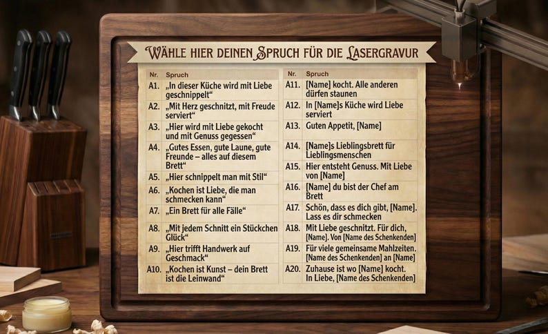 May include: A wooden cutting board with a laser-engraved message selection guide. The guide features German phrases for kitchen use. A set of knives in a wooden block is visible on the left.