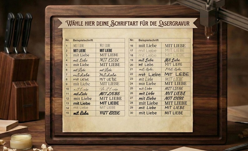 May include: A wooden cutting board with a paper displaying font options for laser engraving. The text "W&Auml;HLE HIER DEINE SCHRIFTART F&Uuml;R DIE LASERGRAVUR" is at the top. A block of knives is on the left.