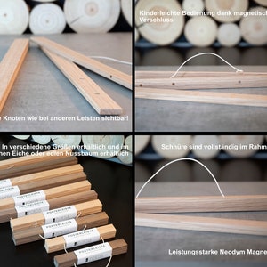 May include: Wooden poster frames in various sizes, made of oak or walnut wood. The frames feature a magnetic closure and hidden cords for a sleek look. The frames are shown in a variety of sizes and wood tones.