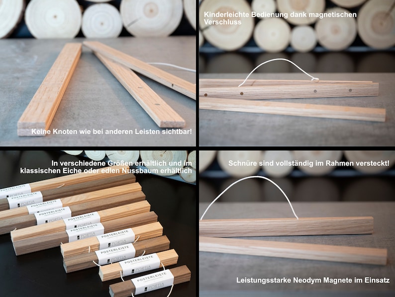 May include: Wooden poster frames in various sizes, made of oak or walnut wood. The frames feature a magnetic closure and hidden cords for a sleek look. The frames are shown in a variety of sizes and wood tones.
