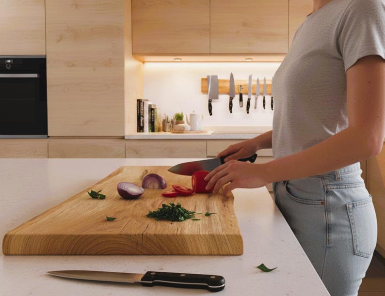 May include: A wooden cutting board with sliced red tomato, chopped green herbs, and a red onion half. A person is slicing a tomato with a black-handled knife. A second knife rests on the counter. Kitchen setting.