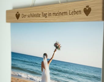 Custom engraving and personalized magnetic poster strip made of FSC® certified oak, wooden picture strip in DIN A1, A2, A3, A4, A5