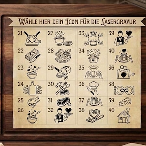May include: A wooden cutting board with a laser engraving guide. The guide features a grid of numbered icons, including cooking utensils, food items, and decorative elements. The text "W&Auml;HLE HIER DEIN ICON F&Uuml;R DIE LASERGRAVUR" is at the top.