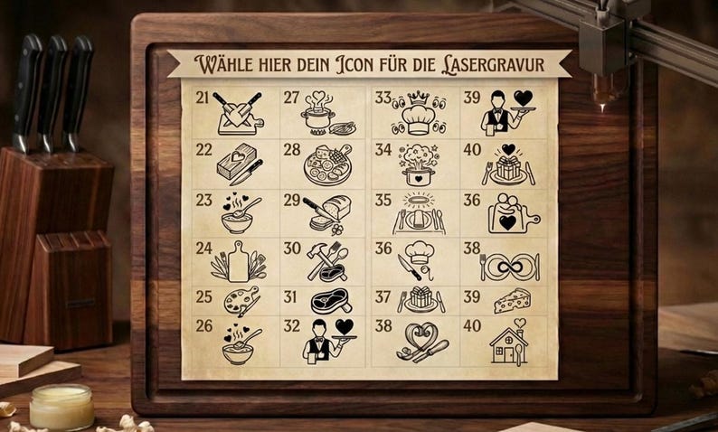 May include: A wooden cutting board with a laser engraving guide. The guide features a grid of numbered icons, including cooking utensils, food items, and decorative elements. The text "W&Auml;HLE HIER DEIN ICON F&Uuml;R DIE LASERGRAVUR" is at the top.