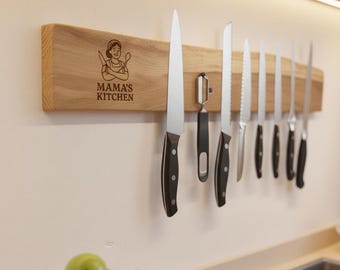Custom engraving and personalized magnetic knife rack made of solid oak with natural edge - for the kitchen - wall-mounted knife block