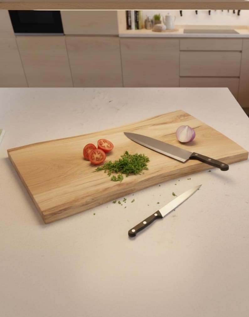 May include: A wooden cutting board with a large chef's knife and a smaller paring knife. Sliced tomatoes, chopped herbs, and a red onion half are arranged on the board. The kitchen setting has light-colored cabinets.