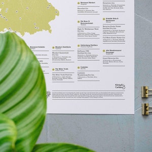 Les 56 meilleures distilleries et distilleries de gin d'Allemagne, carte des gins allemands primés sous forme d'affiche avec affiche