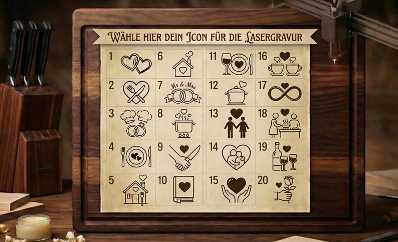 May include: A wooden cutting board with a grid of 20 black and white icons for laser engraving. The icons include hearts, houses, food, and couples. The text at the top says "W&Auml;HLE HIER DEIN ICON F&Uuml;R DIE LASERGRAVUR".