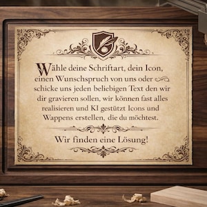 May include: A wooden cutting board with a decorative engraved paper insert. The insert features ornate scrollwork and text in German. A knife block and other woodworking tools are in the background.