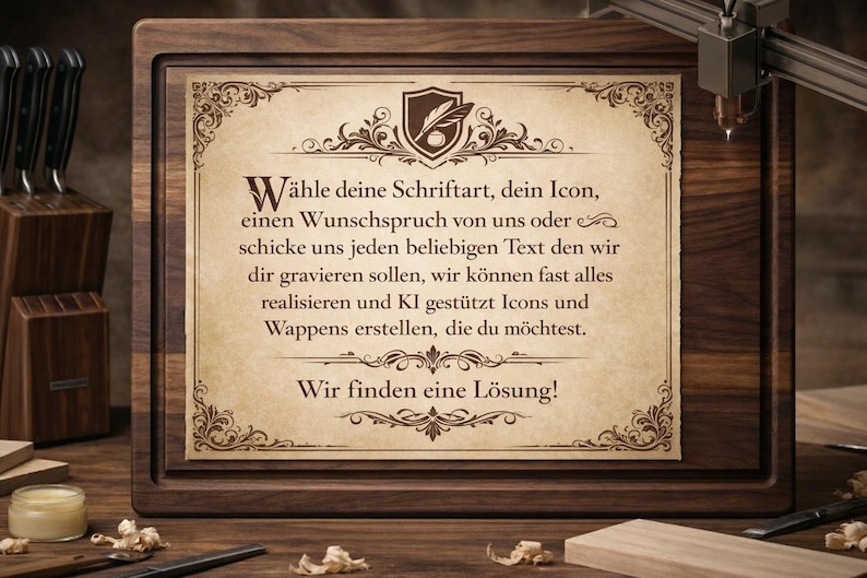 May include: A wooden cutting board with a decorative engraved paper insert. The insert features ornate scrollwork and text in German. A knife block and other woodworking tools are in the background.