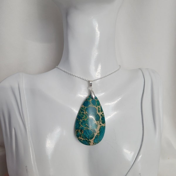 Teal Stone Teardrop Large Pendant Sterling Silver 24 inch Chain Necklace, Ocean Colored Blue Green Teal Natural Stone 2 inch Pendant Jewelry