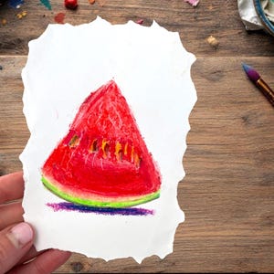 Dessin original au pastel à l'huile de pastèque ou de fraise, miniature de fruits 5,1 x 3,5 pouces – Illustration dessinée à la main, sans cadre