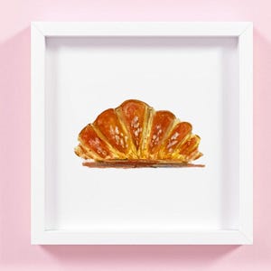 Originele oliepastel croissant- of watermeloenkunst – 8,3 x 8,3 inch ingelijste voedselillustratie – Kies een witte of houten lijst