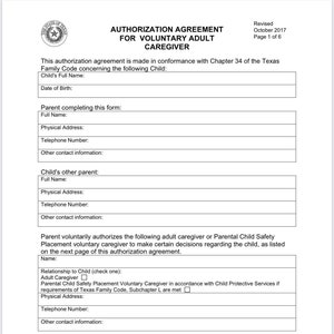 Authorization agreement for voluntary adult care giver